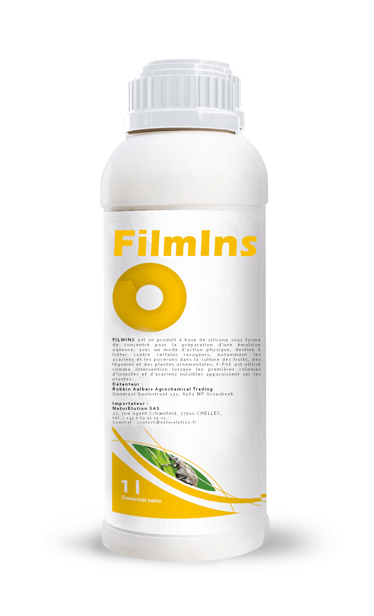 Bouteille de produit FilmIns ®, barrière physique contre les insectes nuisibles des cultures.